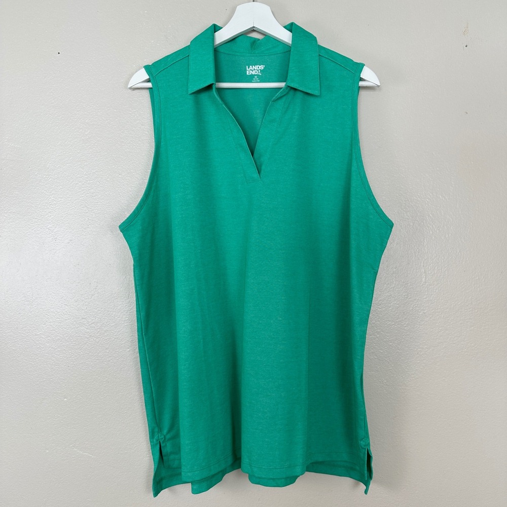 Lands' End Women's 1X Sleeveless Polo Shirt Green V-Neck Pique Knit